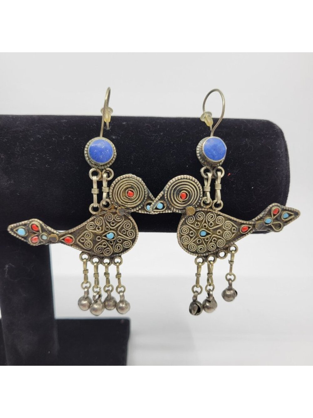 Vintage Boho Folk Art Bird Earrings Large Artisan Silver Tone Dangle Road Runner